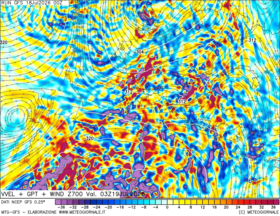 mappa 700 hPa Velocità verticiali + GPT + Vento