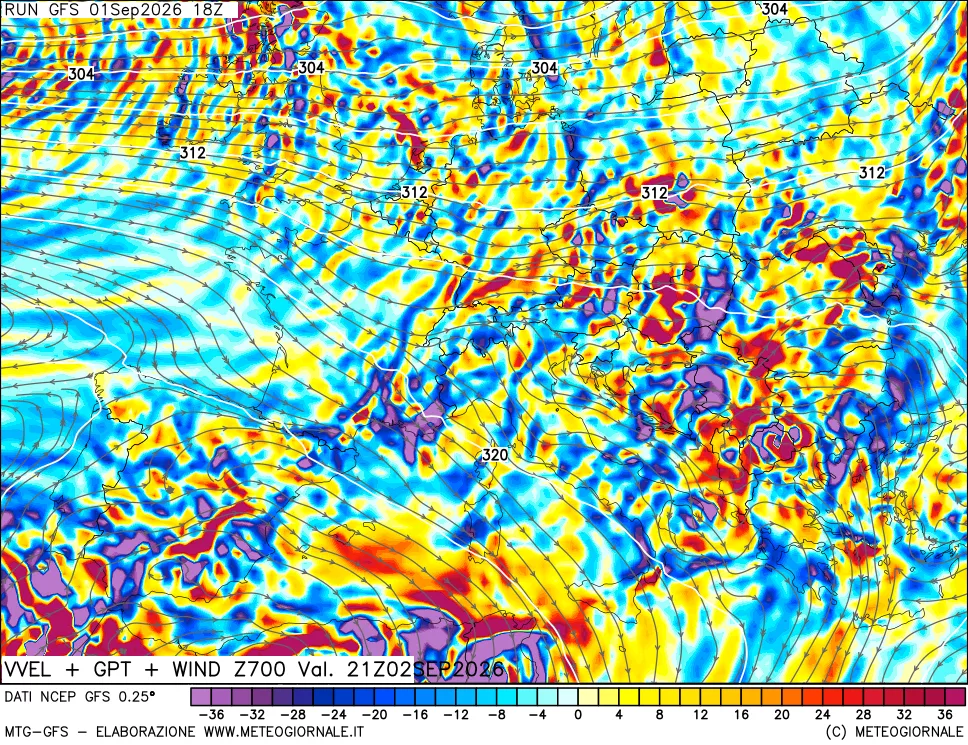mappa 700 hPa Velocità verticiali + GPT + Vento