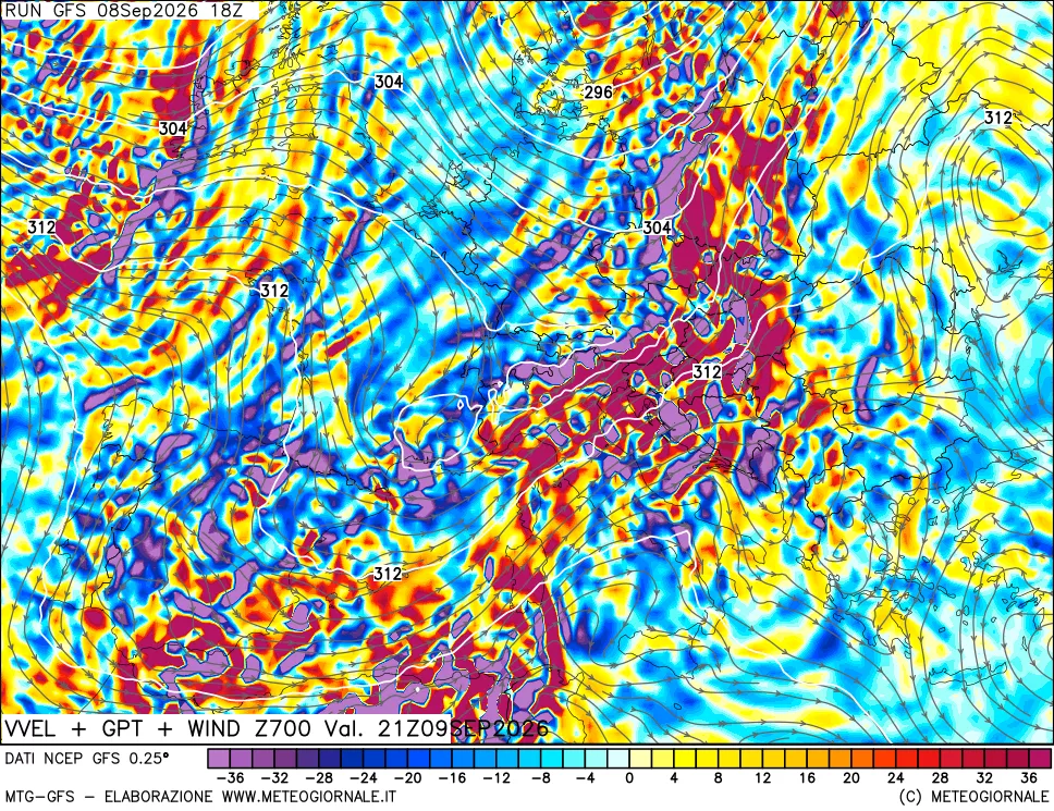 mappa 700 hPa Velocità verticiali + GPT + Vento
