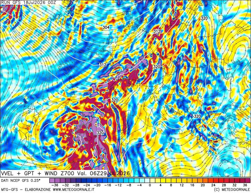 mappa 700 hPa Velocità verticiali + GPT + Vento