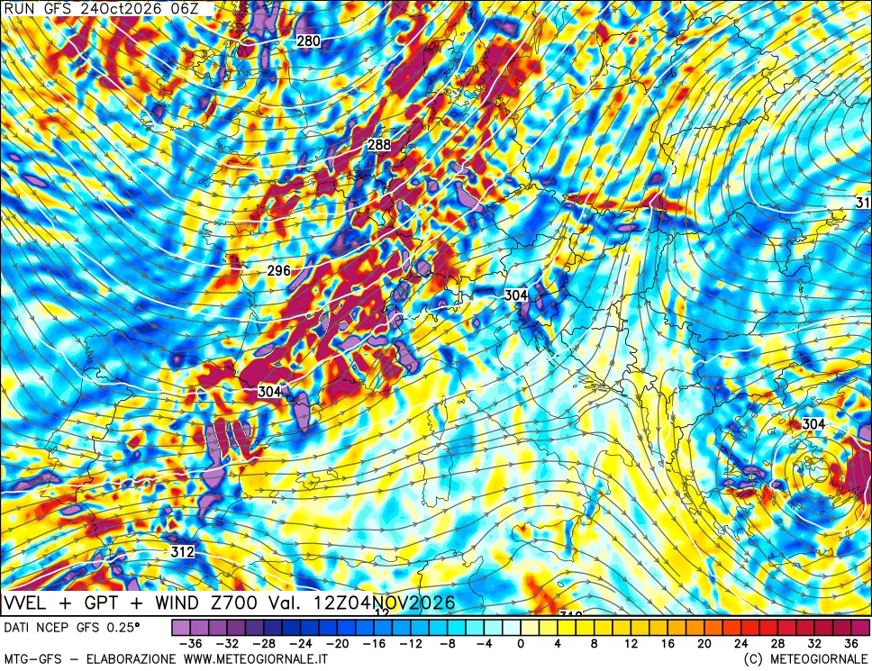 mappa 700 hPa Velocità verticiali + GPT + Vento