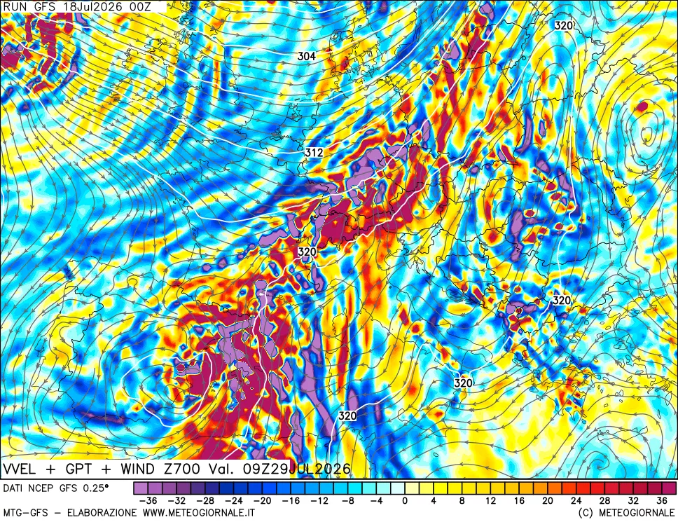 mappa 700 hPa Velocità verticiali + GPT + Vento