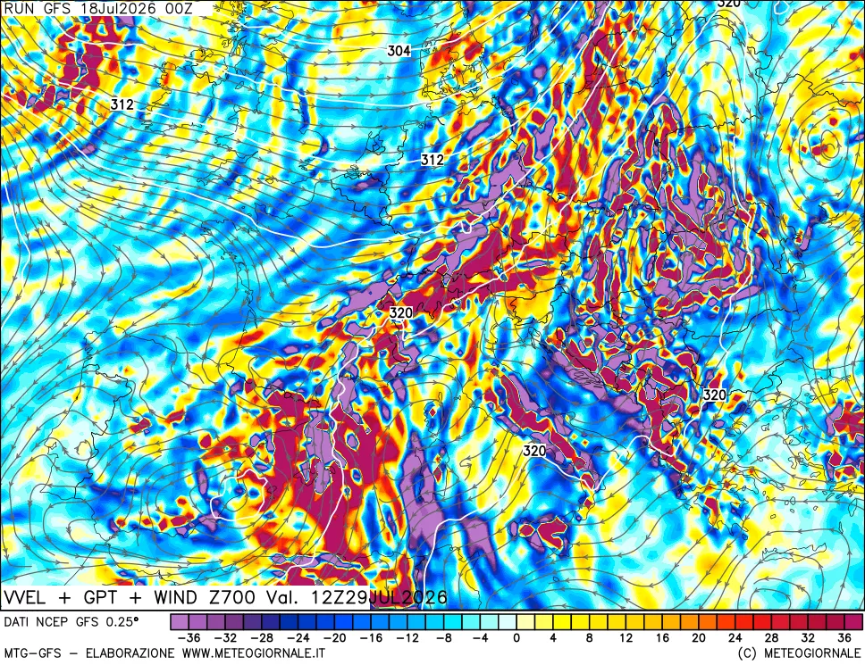 mappa 700 hPa Velocità verticiali + GPT + Vento
