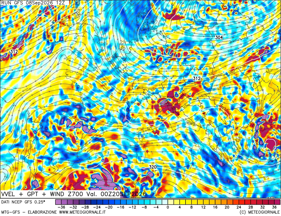 mappa 700 hPa Velocità verticiali + GPT + Vento