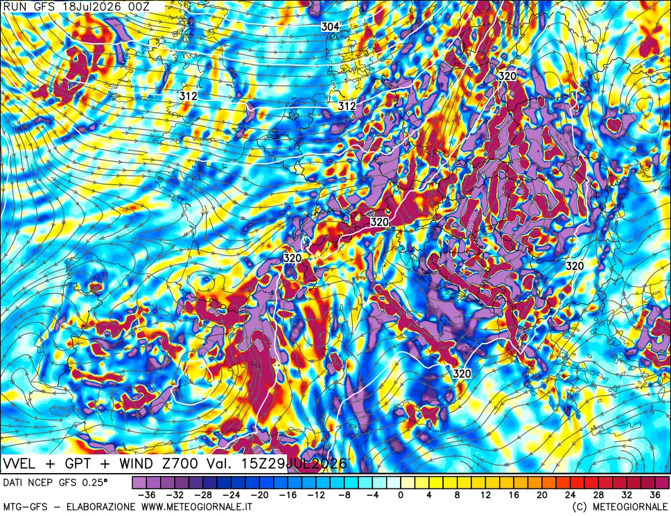 mappa 700 hPa Velocità verticiali + GPT + Vento