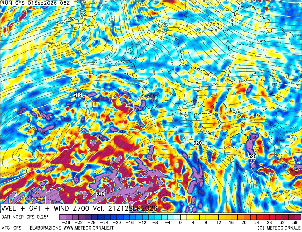 mappa 700 hPa Velocità verticiali + GPT + Vento