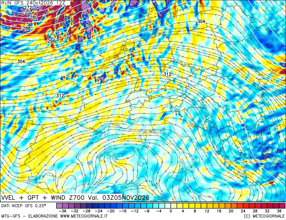 mappa 700 hPa Velocità verticiali + GPT + Vento