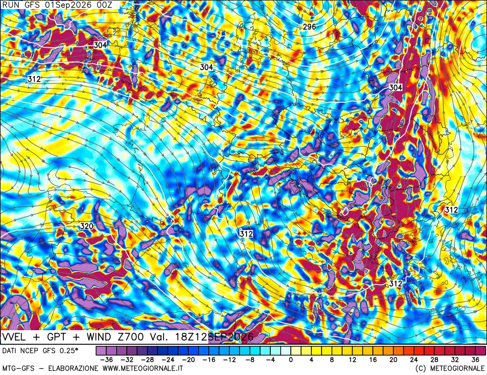 mappa 700 hPa Velocità verticiali + GPT + Vento
