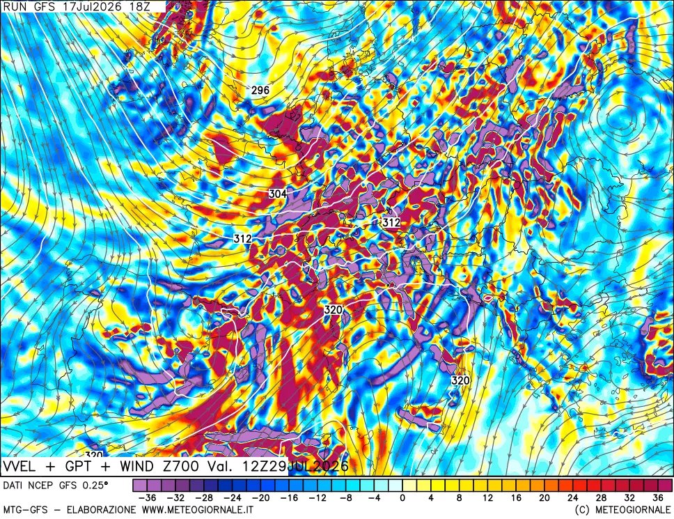 mappa 700 hPa Velocità verticiali + GPT + Vento