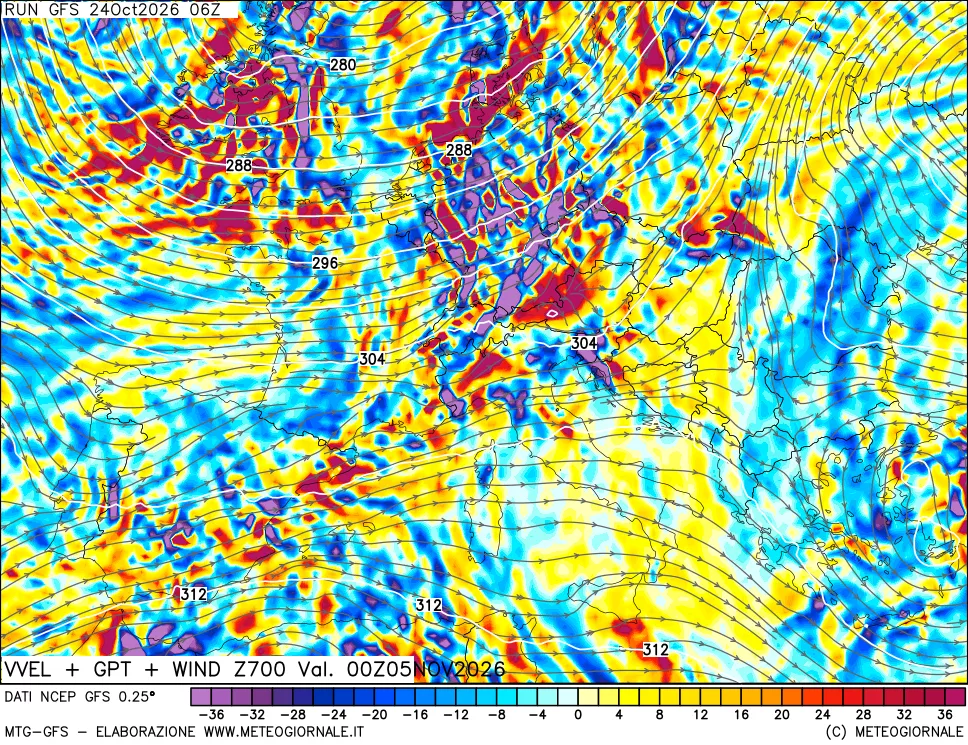 mappa 700 hPa Velocità verticiali + GPT + Vento