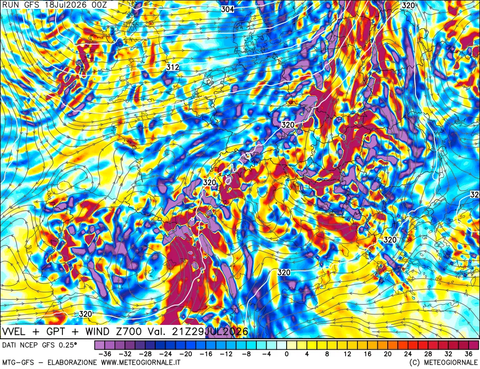 mappa 700 hPa Velocità verticiali + GPT + Vento
