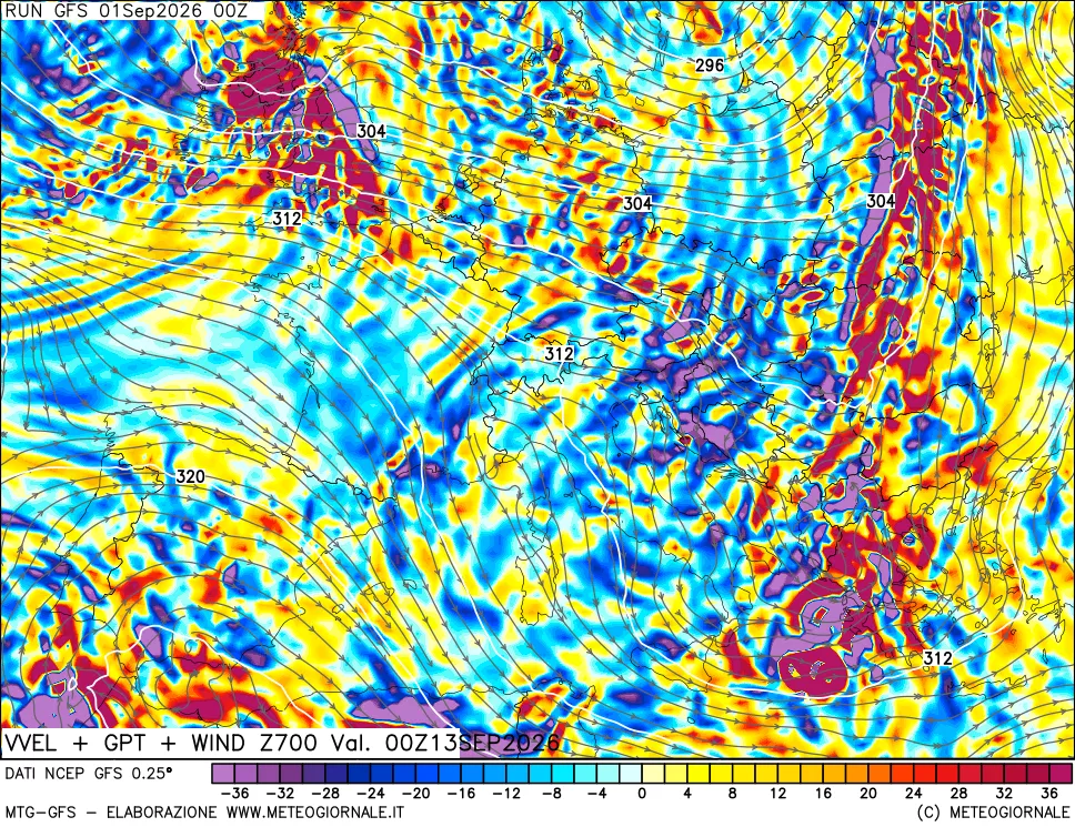 mappa 700 hPa Velocità verticiali + GPT + Vento