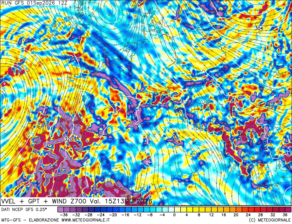 mappa 700 hPa Velocità verticiali + GPT + Vento