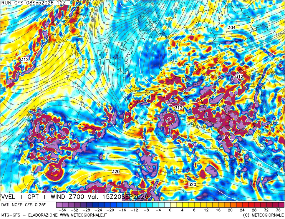 mappa 700 hPa Velocità verticiali + GPT + Vento