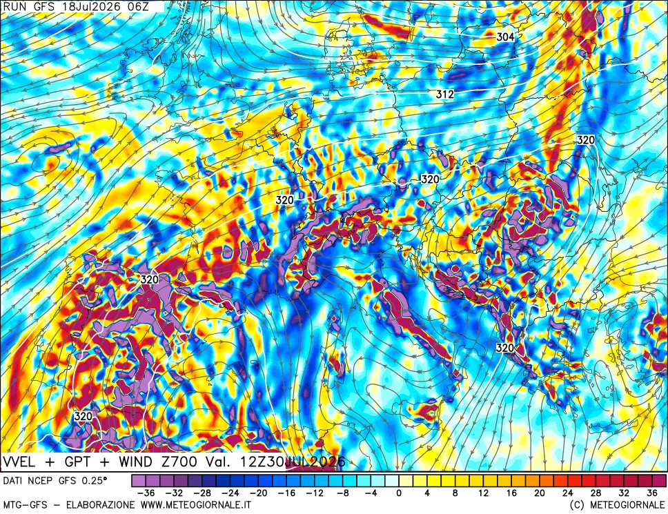 mappa 700 hPa Velocità verticiali + GPT + Vento