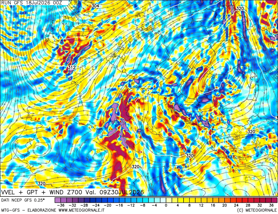 mappa 700 hPa Velocità verticiali + GPT + Vento