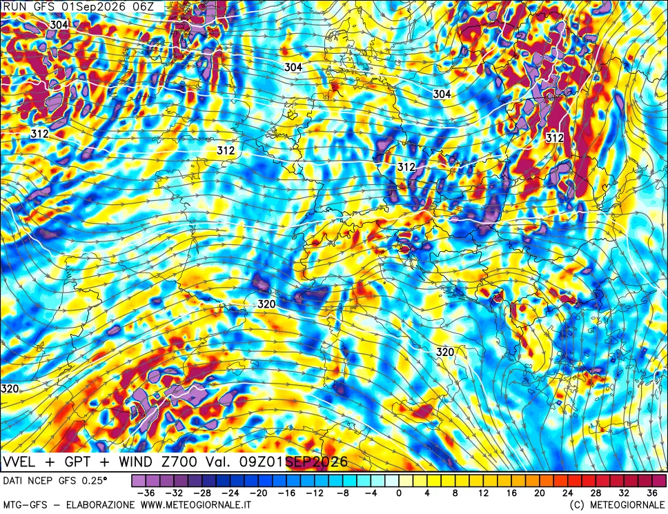 mappa 700 hPa Velocità verticiali + GPT + Vento