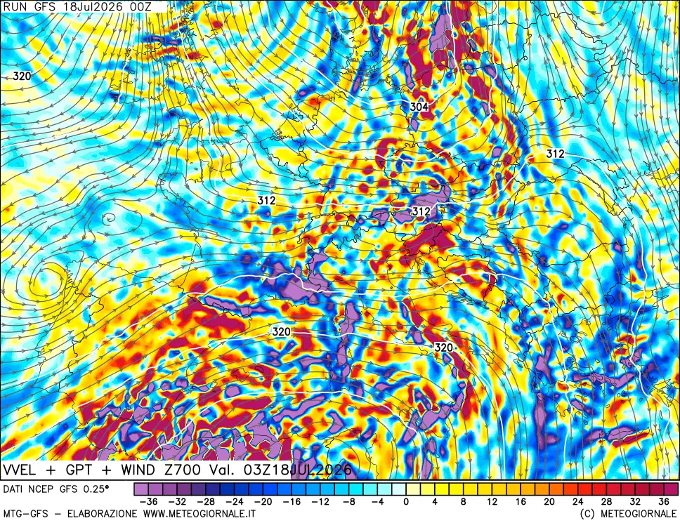 mappa 700 hPa Velocità verticiali + GPT + Vento