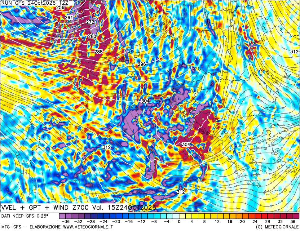 mappa 700 hPa Velocità verticiali + GPT + Vento