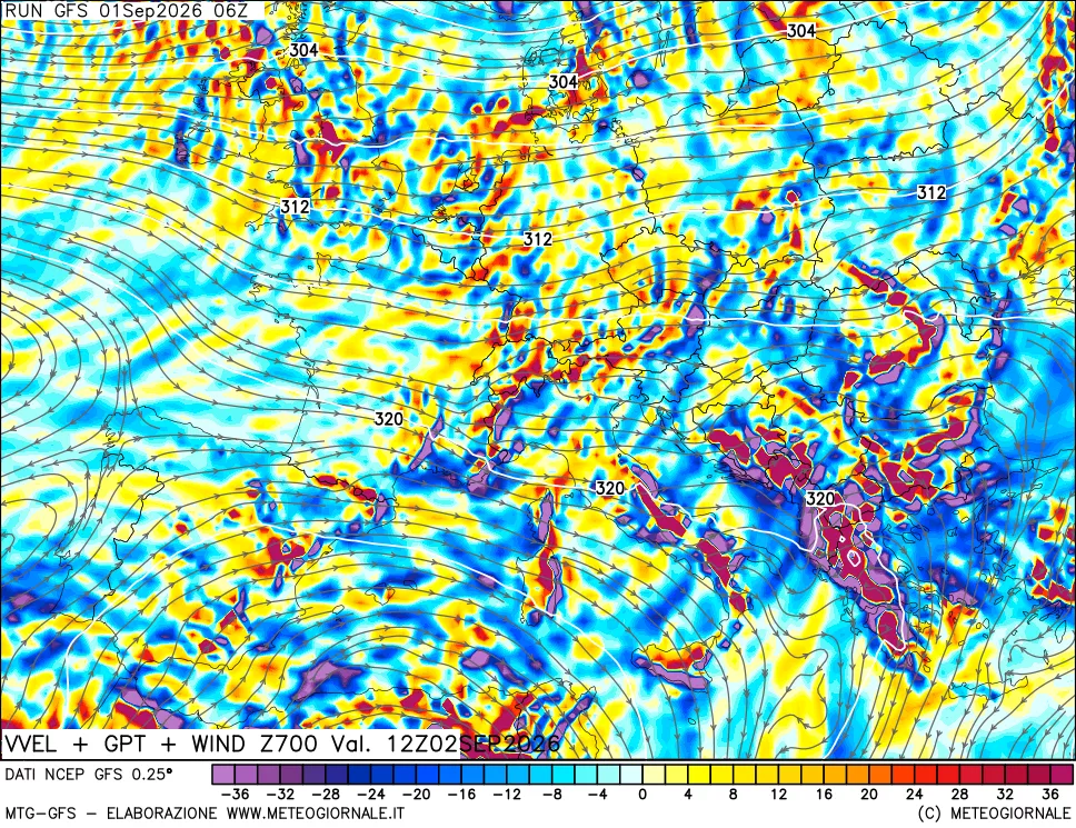 mappa 700 hPa Velocità verticiali + GPT + Vento