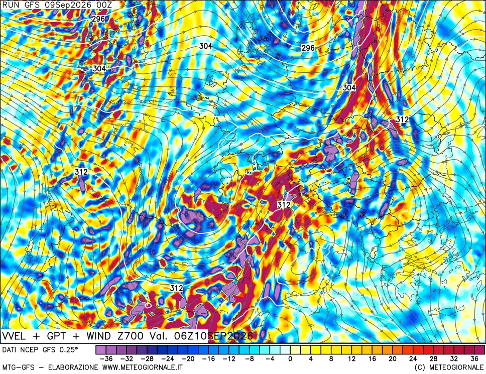 mappa 700 hPa Velocità verticiali + GPT + Vento