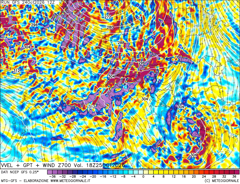 mappa 700 hPa Velocità verticiali + GPT + Vento