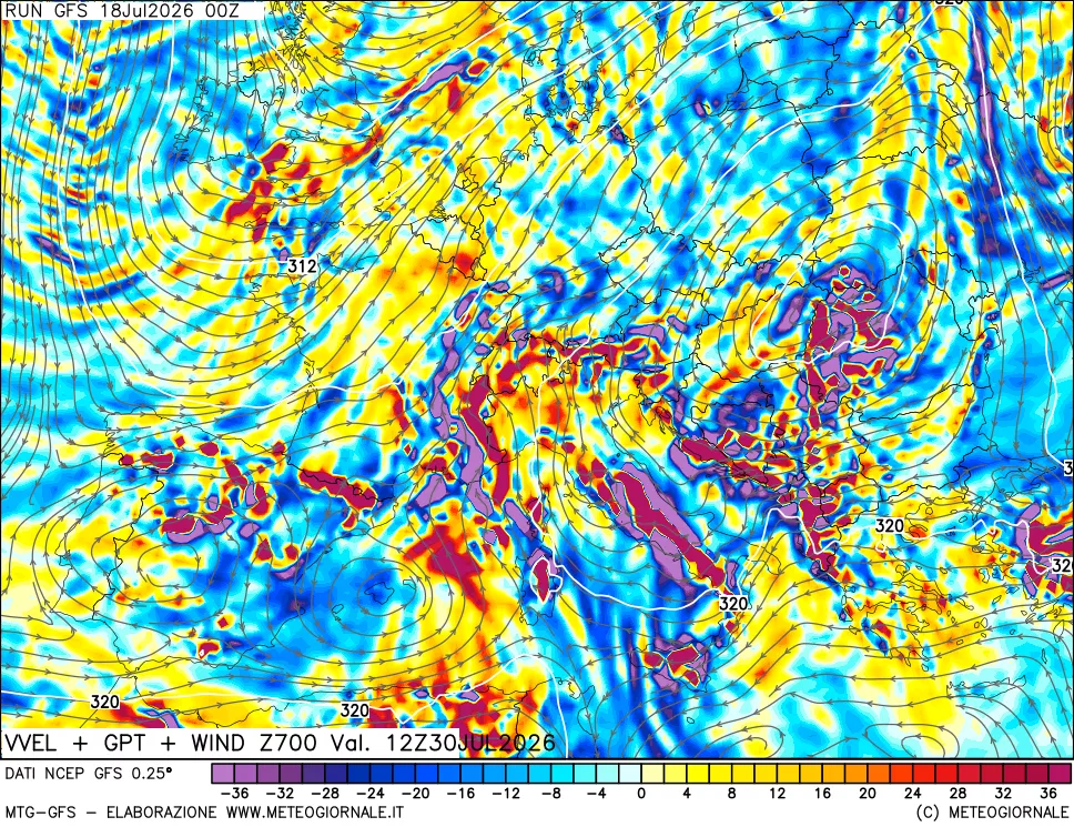 mappa 700 hPa Velocità verticiali + GPT + Vento