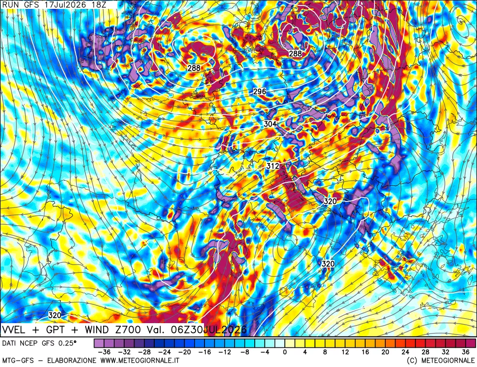 mappa 700 hPa Velocità verticiali + GPT + Vento