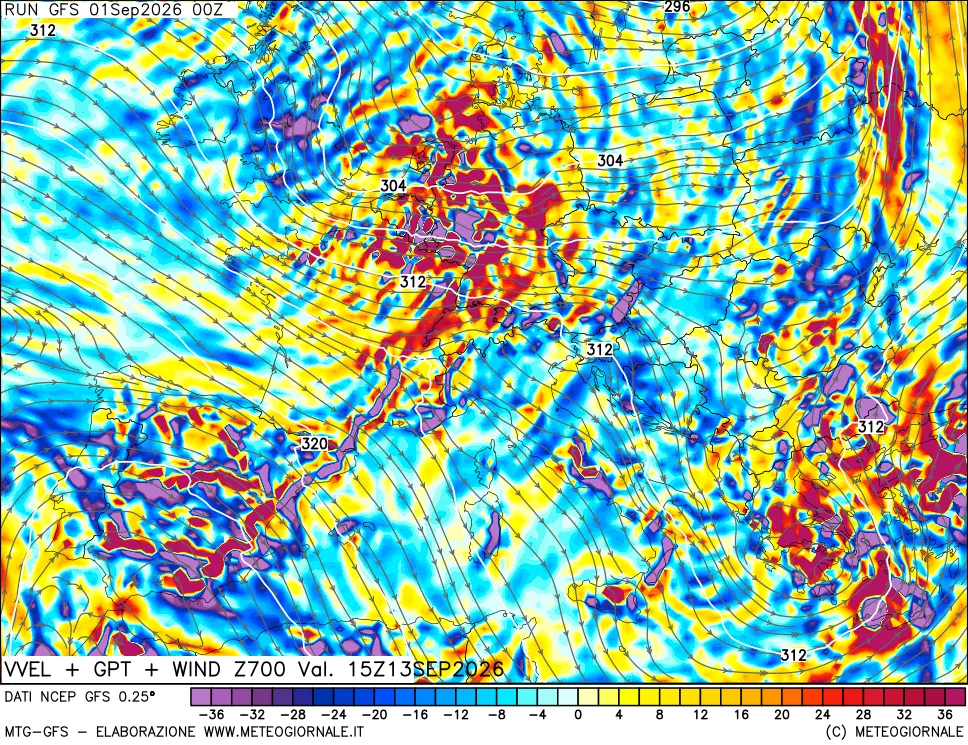 mappa 700 hPa Velocità verticiali + GPT + Vento
