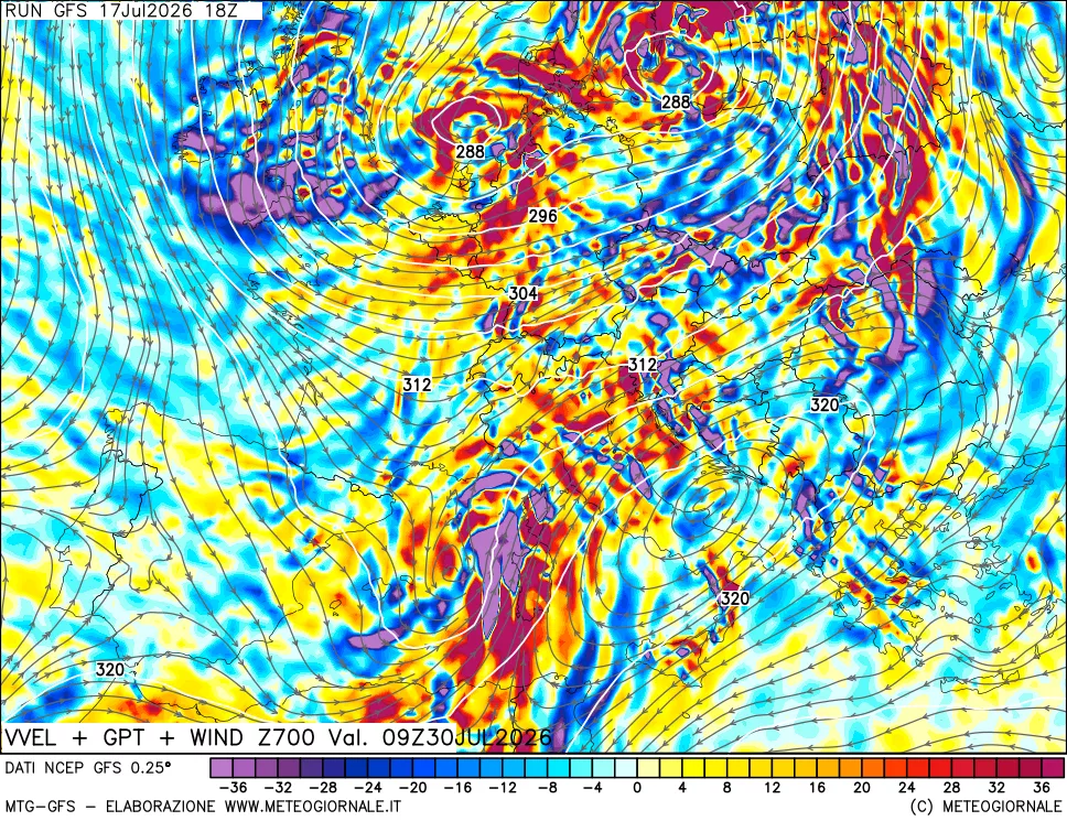 mappa 700 hPa Velocità verticiali + GPT + Vento