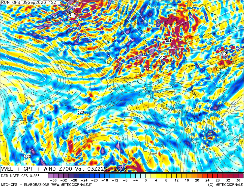 mappa 700 hPa Velocità verticiali + GPT + Vento