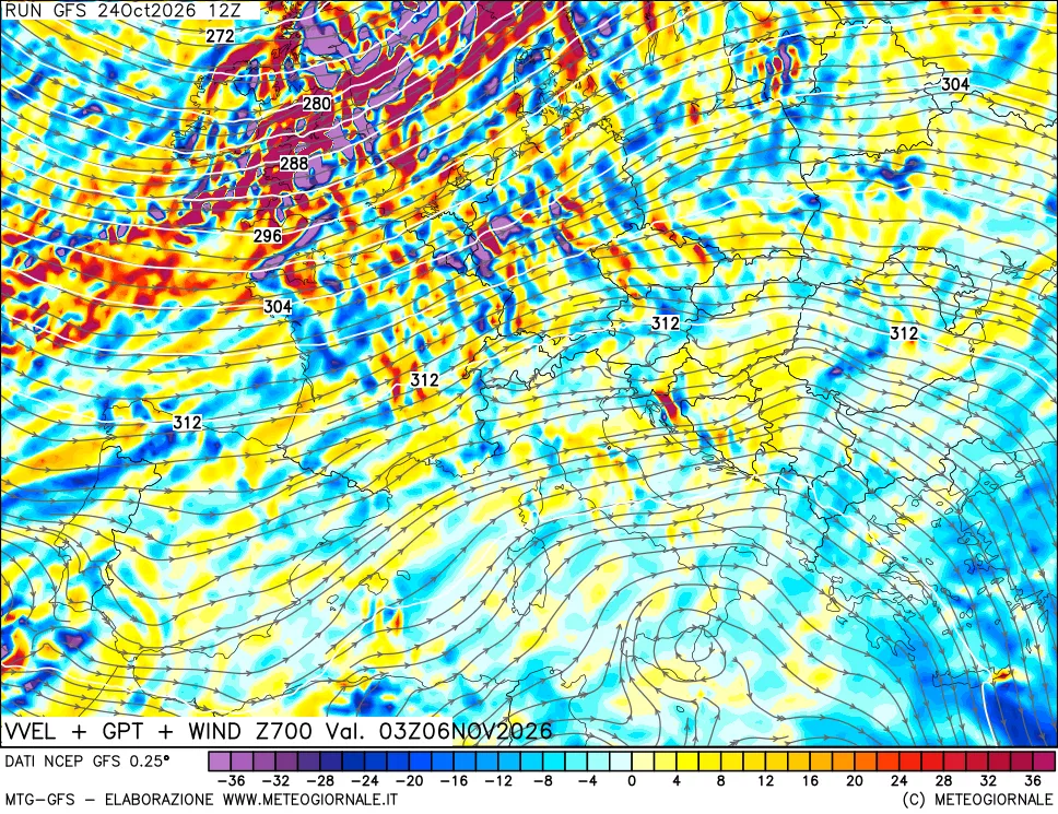 mappa 700 hPa Velocità verticiali + GPT + Vento