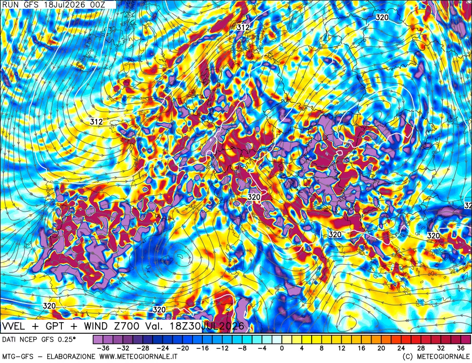 mappa 700 hPa Velocità verticiali + GPT + Vento