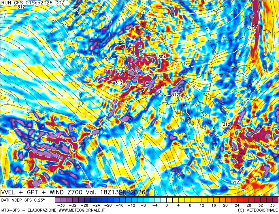 mappa 700 hPa Velocità verticiali + GPT + Vento