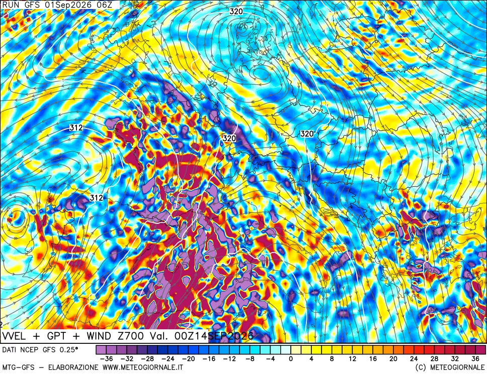 mappa 700 hPa Velocità verticiali + GPT + Vento