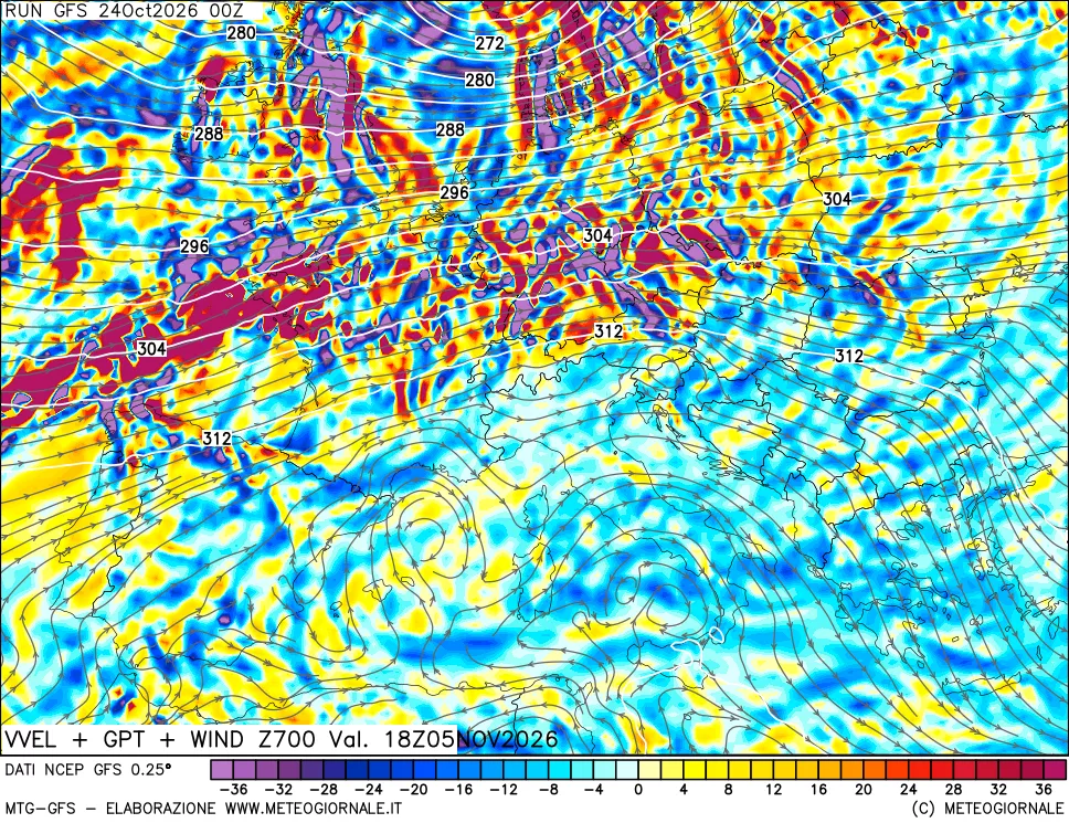 mappa 700 hPa Velocità verticiali + GPT + Vento