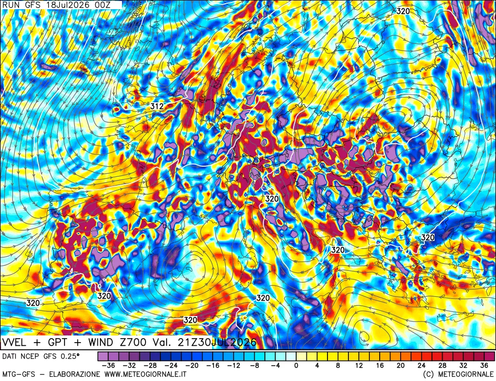 mappa 700 hPa Velocità verticiali + GPT + Vento