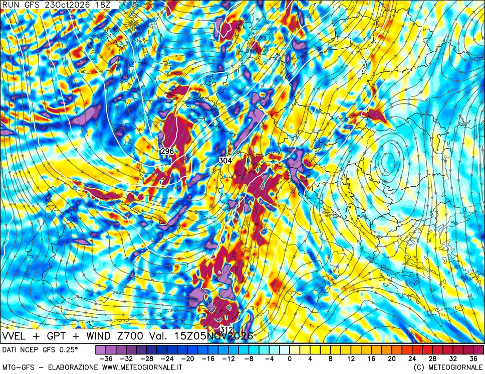 mappa 700 hPa Velocità verticiali + GPT + Vento