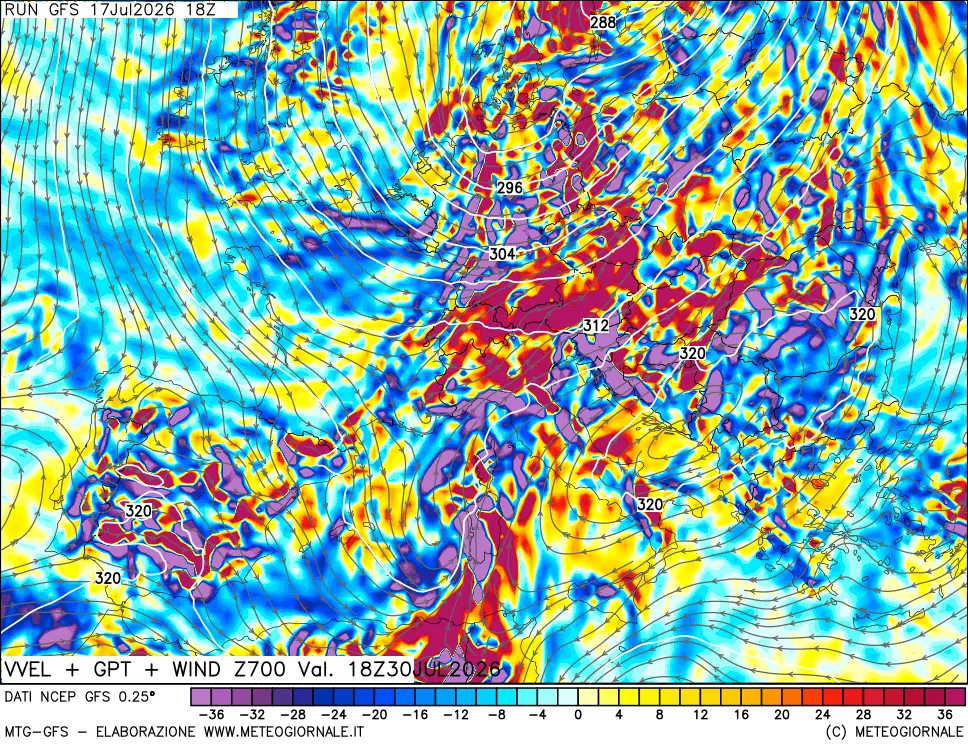 mappa 700 hPa Velocità verticiali + GPT + Vento
