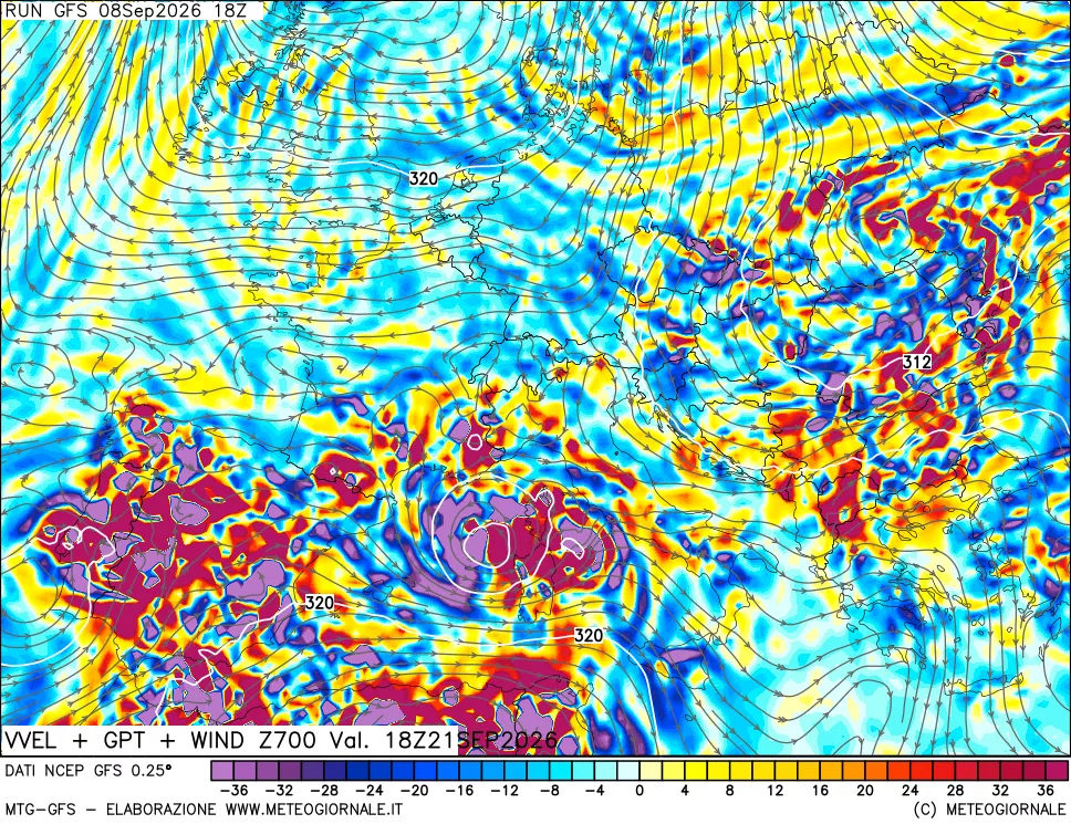mappa 700 hPa Velocità verticiali + GPT + Vento