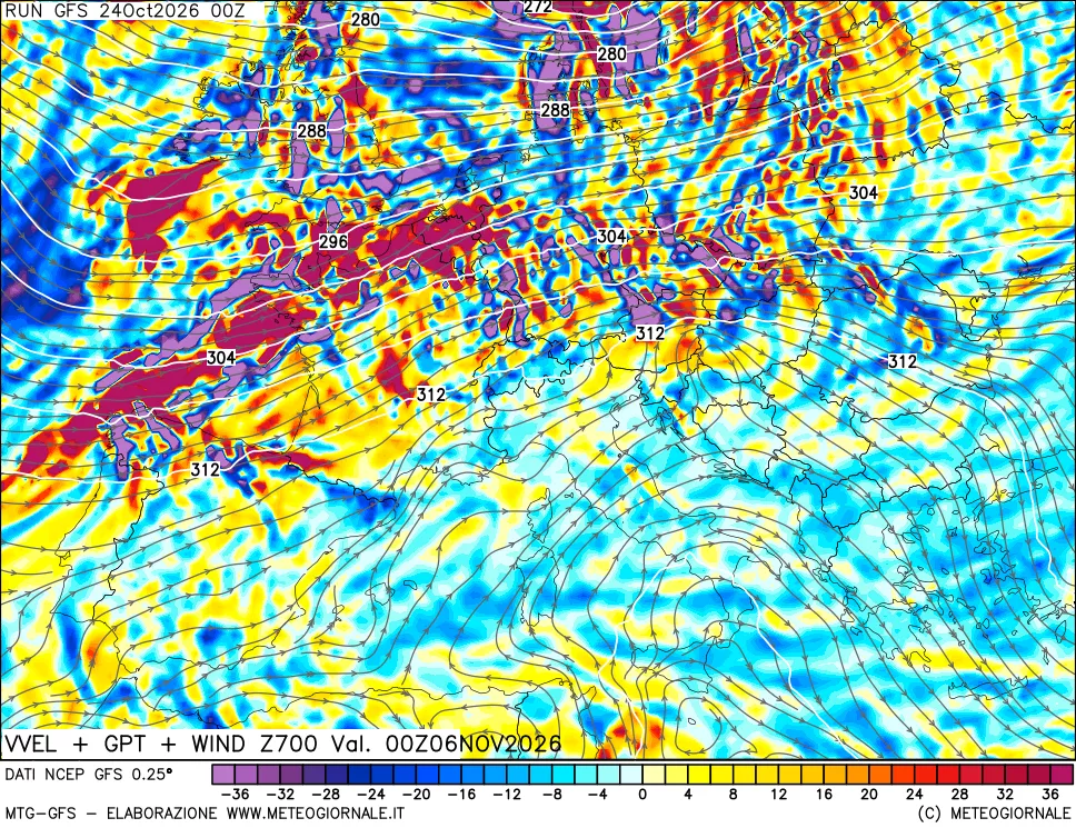 mappa 700 hPa Velocità verticiali + GPT + Vento