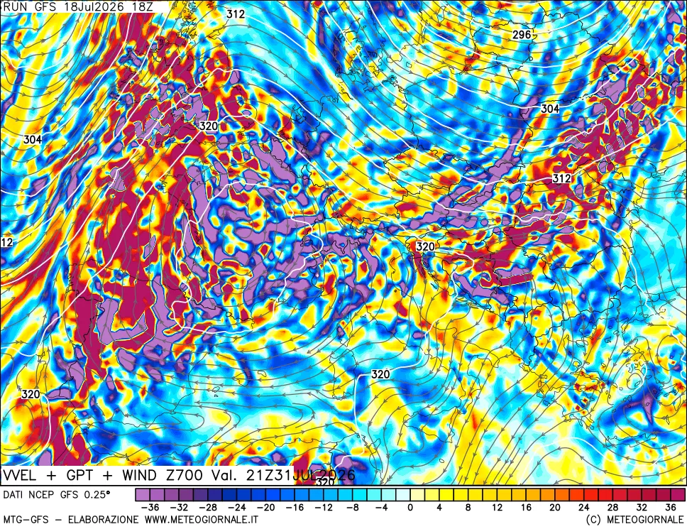mappa 700 hPa Velocità verticiali + GPT + Vento