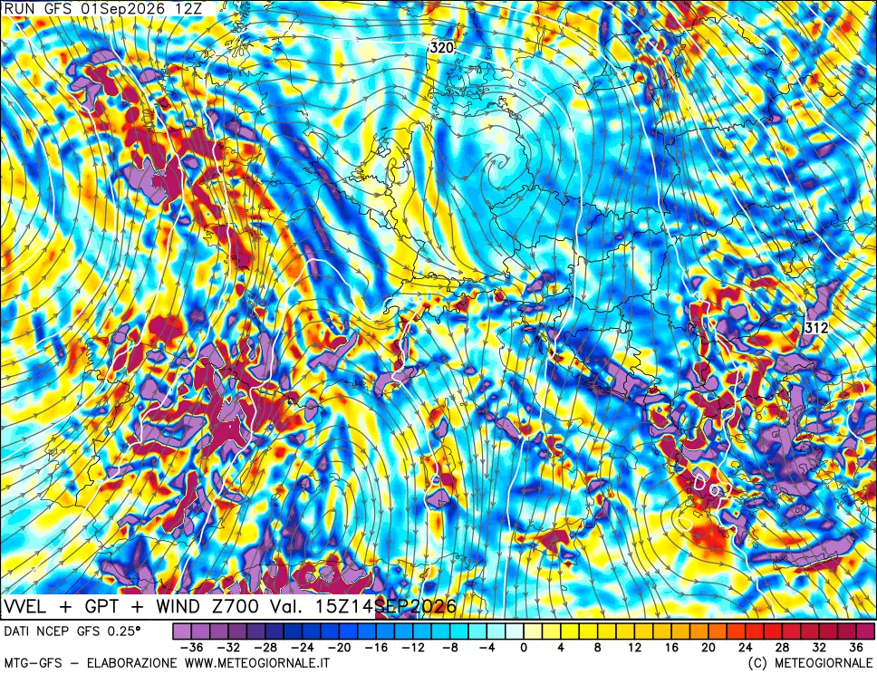 mappa 700 hPa Velocità verticiali + GPT + Vento
