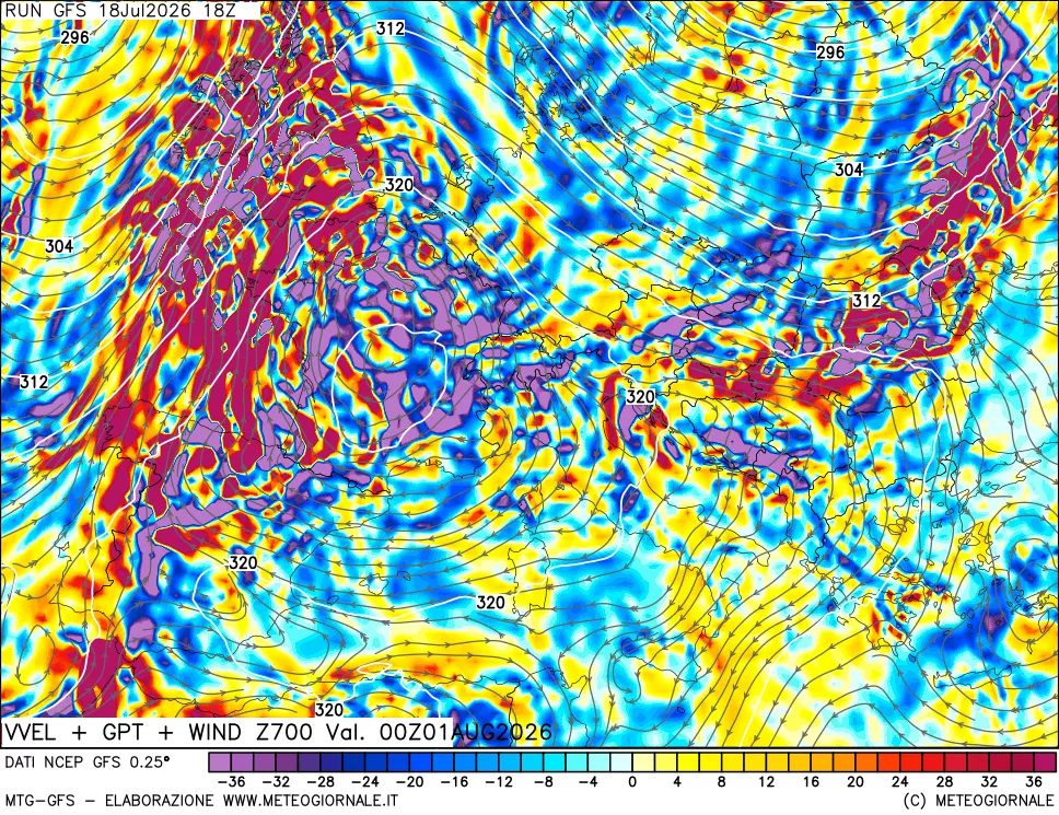 mappa 700 hPa Velocità verticiali + GPT + Vento