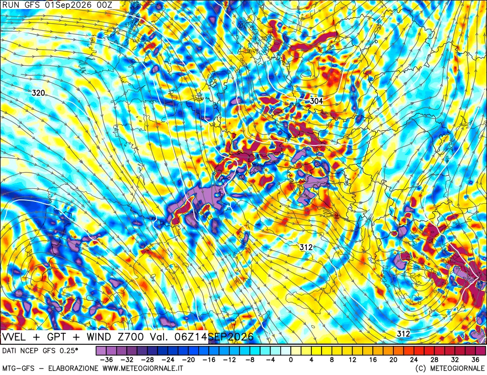 mappa 700 hPa Velocità verticiali + GPT + Vento