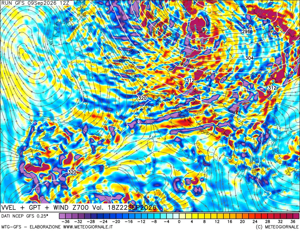 mappa 700 hPa Velocità verticiali + GPT + Vento