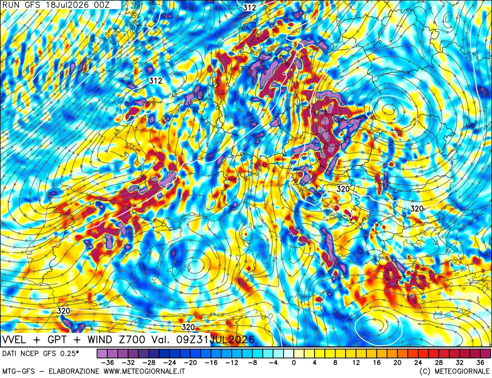 mappa 700 hPa Velocità verticiali + GPT + Vento