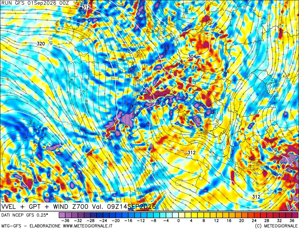 mappa 700 hPa Velocità verticiali + GPT + Vento