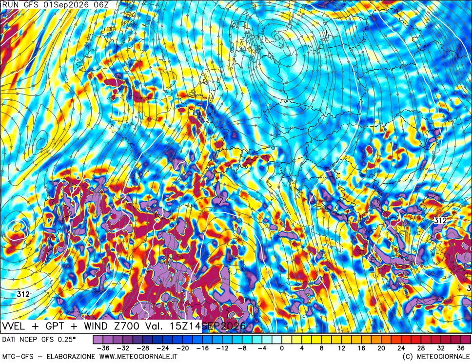 mappa 700 hPa Velocità verticiali + GPT + Vento
