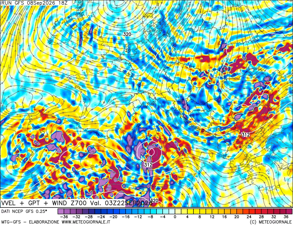 mappa 700 hPa Velocità verticiali + GPT + Vento